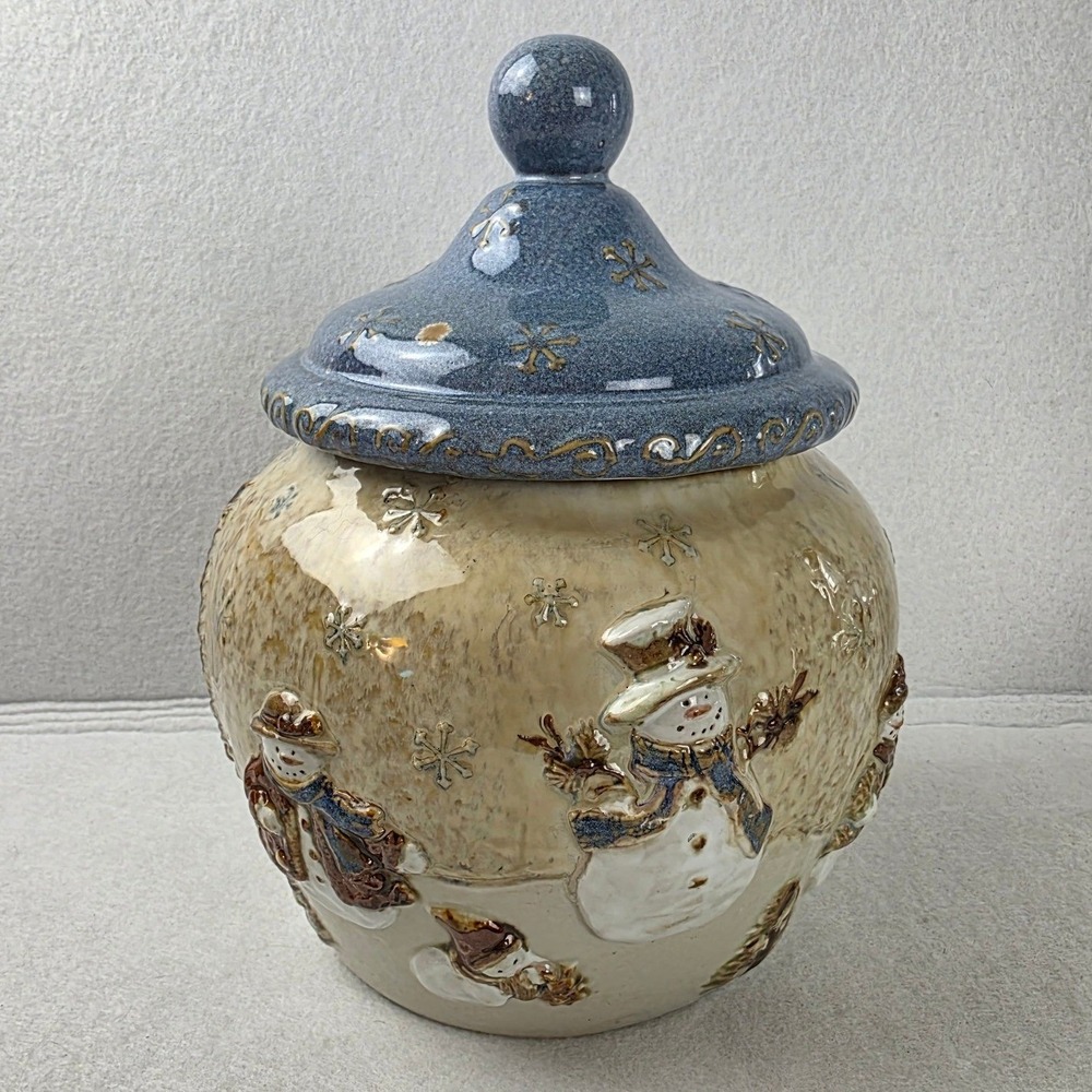 St Nicholas Square Forest Friends Snowman Ceramic Cookie Jar Blue Cream 10.5in